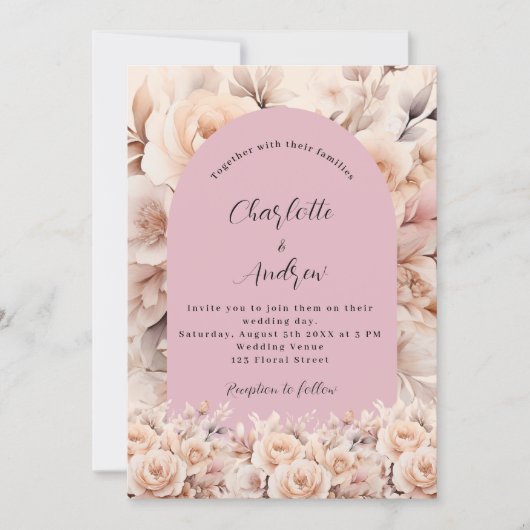 Stoffig roos crème bloemenboog elegante bruiloft kaart (Voorkant)