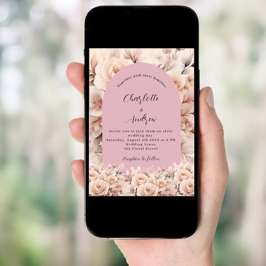 Stoffig roos crème bloemenboog elegante bruiloft kaart