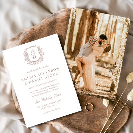 Stoffig Roos Elegant Bloemkam Monogram Huwelijk Kaart