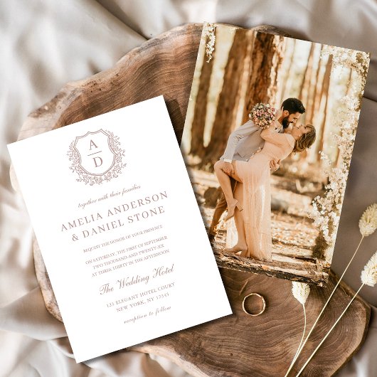 Stoffig Roos Elegant Bloemkam Monogram Huwelijk Kaart