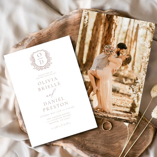 Stoffig Roos Elegant Bloemkam Monogram Huwelijk Kaart