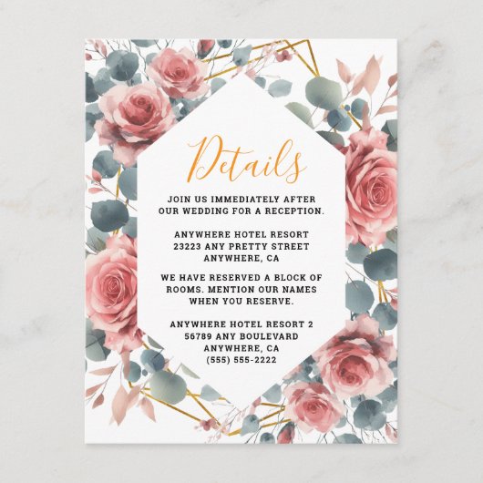 Stoffig Roos Elegant Roze Mauve Gouden Bloem Informatiekaartje (Voorkant)