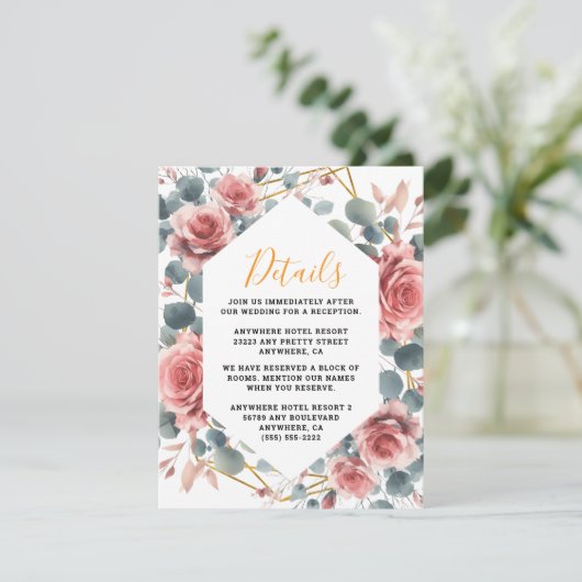 Stoffig Roos Elegant Roze Mauve Gouden Bloem Informatiekaartje (Staand voorkant)