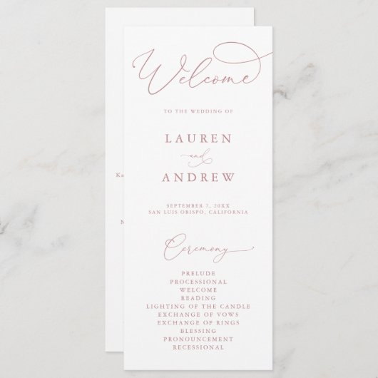 Stoffig Roos Elegante minimalistische bruiloft Programmakaart (Voorkant / Achterkant)