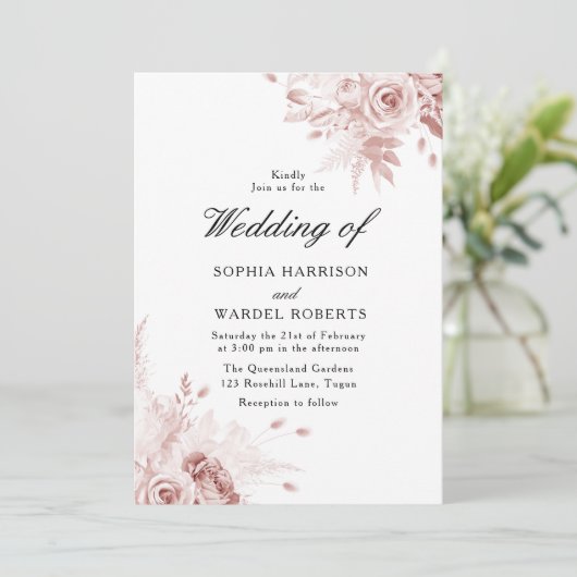 Stoffig Roos Elegante  Rozen bruiloft Kaart (Staand voorkant)