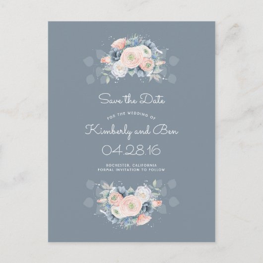 Stoffig Roos en Bleke Blauwe Bloemen Bewaar de Dat Aankondigingskaart (Voorkant)