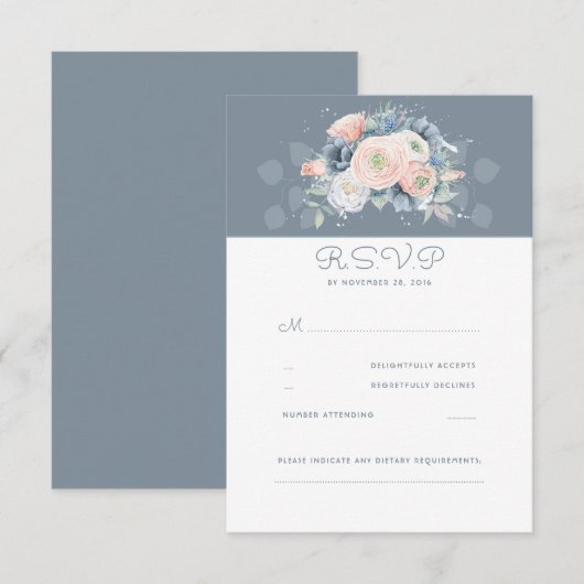 Stoffig Roos en Bleke Blauwe Bloemen Wedding RSVP (Voorkant / Achterkant)