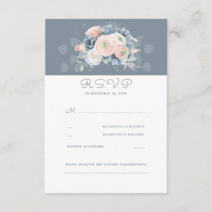 Stoffig Roos en Bleke Blauwe Bloemen Wedding RSVP Kaartje