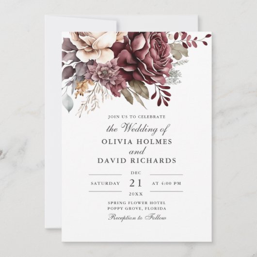 Stoffig Roos en Bourgondische Floral Boho Wedding Kaart (Voorkant)