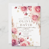 Stoffig Roos en gouden elegante bloemenbruiloft Kaart (Voorkant)