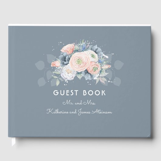Stoffig Roos en Slate Blue Floral Wedding Gastenboek (Voorkant)