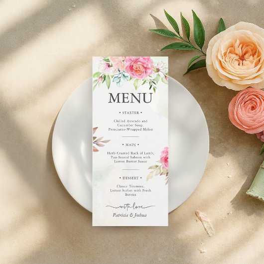 Stoffig Roos Floral Boho Wedding Menu Kaart