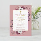 Stoffig Roos Floral Botanical Eerste Heilige Commu Kaart (Staand voorkant)