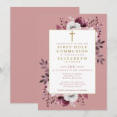 Stoffig Roos Floral Botanical Eerste Heilige Commu Kaart (Voorkant / Achterkant)