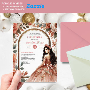 Stoffig Roos Goud Quinceañera Jurk Floral Quince Acryl Uitnodigingen
