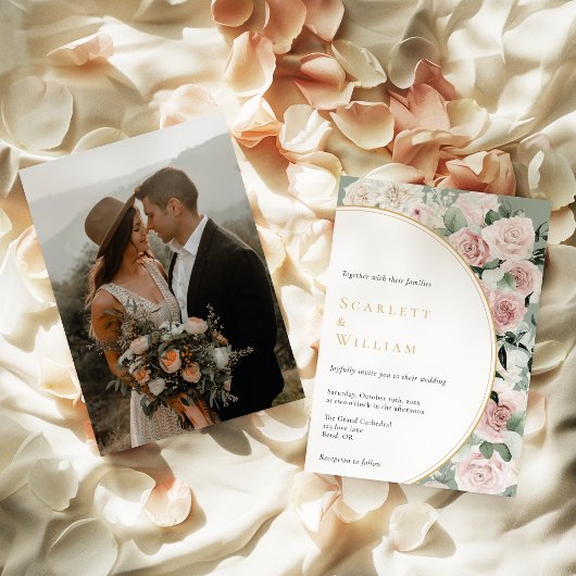 Stoffig Roos Goud Sage Groen  Foto Bruiloft Kaart