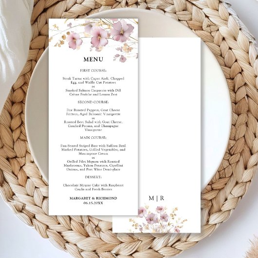 Stoffig Roos & Goud Wildflower Bloemen Trouwmenu Menu