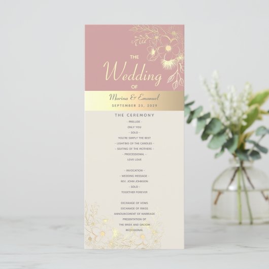 Stoffig Roos Gouden Bloemen Huwelijk Programmakaart (Staand voorkant)
