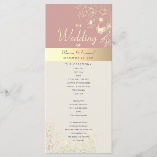 Stoffig Roos Gouden Bloemen Huwelijk Programmakaart (Voorkant)