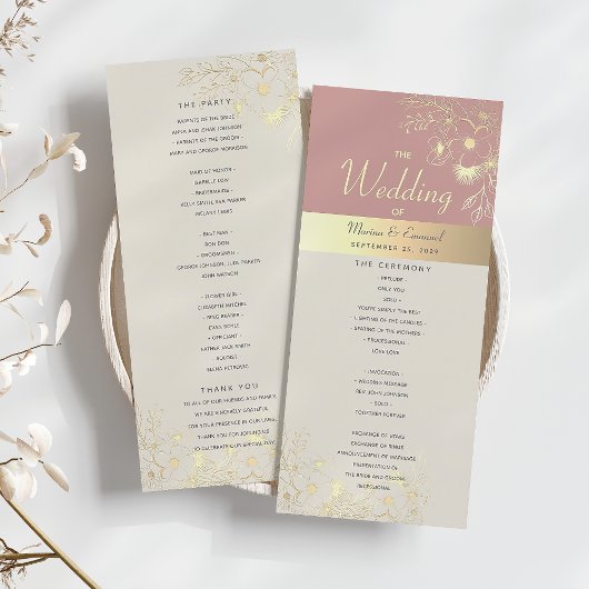 Stoffig Roos Gouden Bloemen Huwelijk Programmakaart