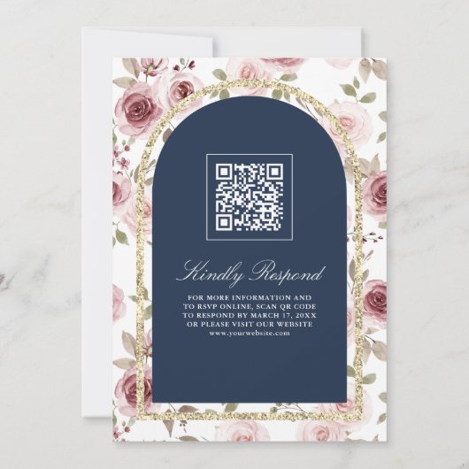 Stoffig Roos Gouden kant QR Code Navy Moslim bruil Kaart (Achterkant)