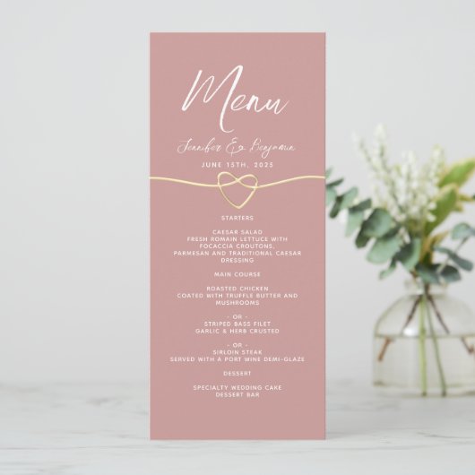 Stoffig Roos Gouden Touw Hart Wedding Menu (Staand voorkant)