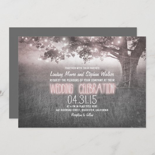 Stoffig roos Grijs Lampjes Boom Huwelijksuitnodigi Kaart (Voorkant / Achterkant)