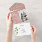 Stoffig Roos groen bruiloft All In One Uitnodiging (Afscheurbaar)