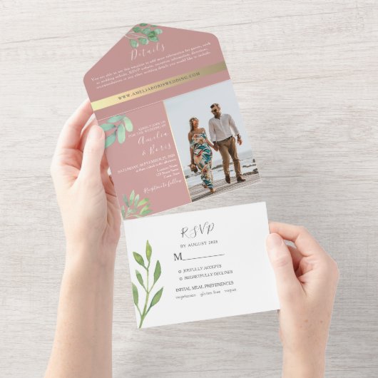 Stoffig Roos groen bruiloft All In One Uitnodiging (Afscheurbaar)