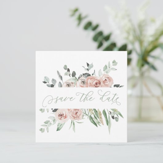 Stoffig Roos Groen Eucalyptus Save the Date Aankondiging (Staand voorkant)