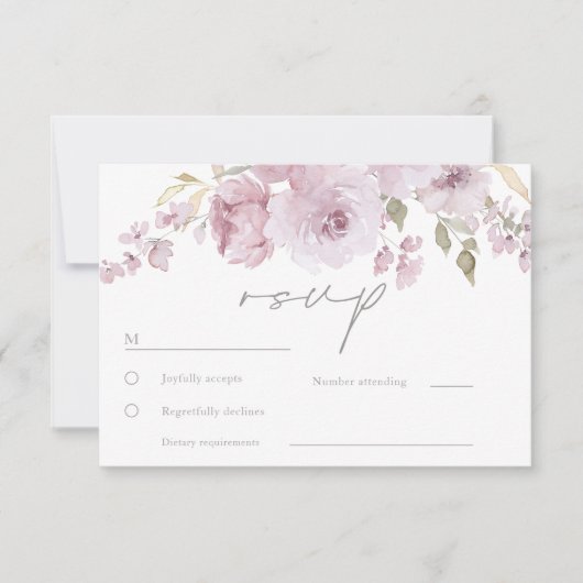 Stoffig Roos Mauve Blush Bloemen Waterverf bruilof RSVP Kaartje (Voorkant)