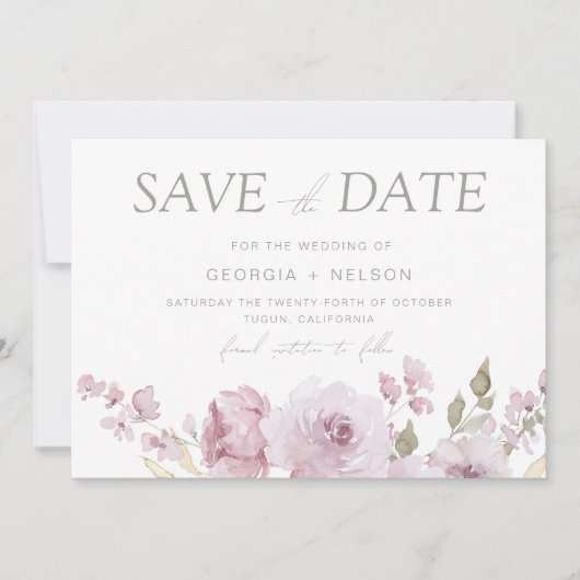 Stoffig Roos Mauve Blush Bloemen Waterverf bruilof Save The Date (Voorkant)