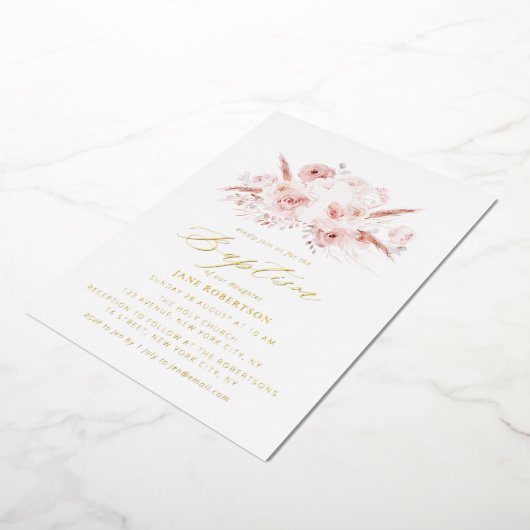 Stoffig roos pampas bloemenkruisdoop folie uitnodiging (Gedraaid)