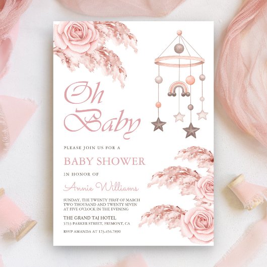 Stoffig Roos Pampas Boho Rainbow Baby shower Kaart