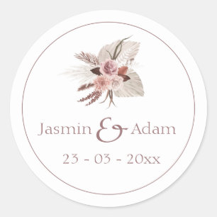 Stoffig Roos Pampas Boho Wedding Envelope Seal Ronde Sticker