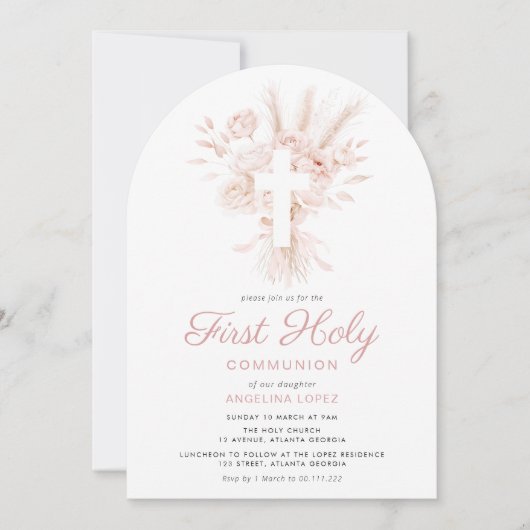 Stoffig roos pampas floral eerste communie kaart (Voorkant)