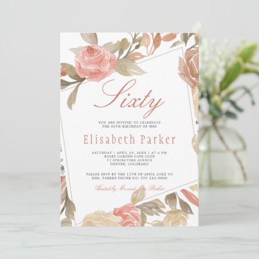 Stoffig Roos Perzik Crème Bloemen 60ste Verjaardag Kaart (Staand voorkant)