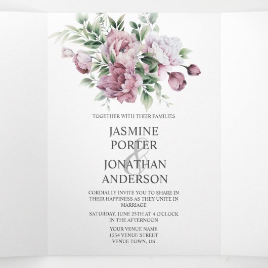 Stoffig Roos Pioenengroen bruiloft | Drieluik Uitnodiging (Binnenkant midden)