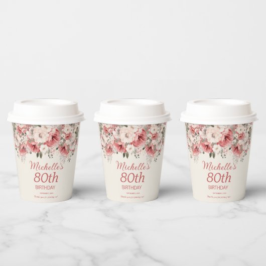 Stoffig Roos Red Cream Waterverf Floral 80th Papieren Bekers (Multi)