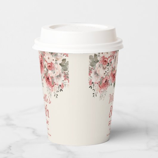 Stoffig Roos Red Cream Waterverf Floral 80th Papieren Bekers (Links)