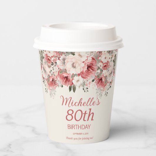 Stoffig Roos Red Cream Waterverf Floral 80th Papieren Bekers (Achterkant)