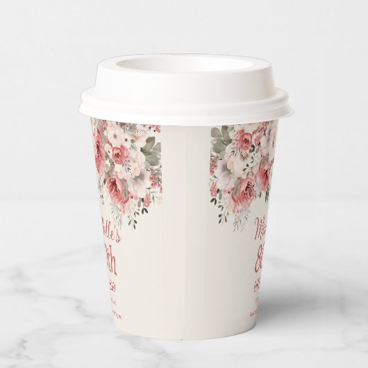 Stoffig Roos Red Cream Waterverf Floral 80th Papieren Bekers (Rechts)