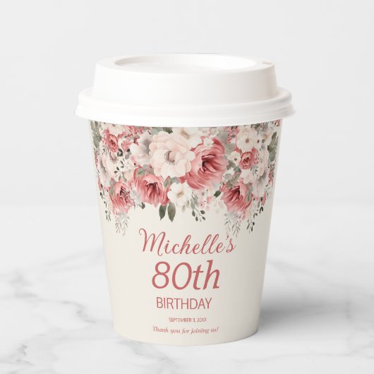 Stoffig Roos Red Cream Waterverf Floral 80th Papieren Bekers (Voorkant)