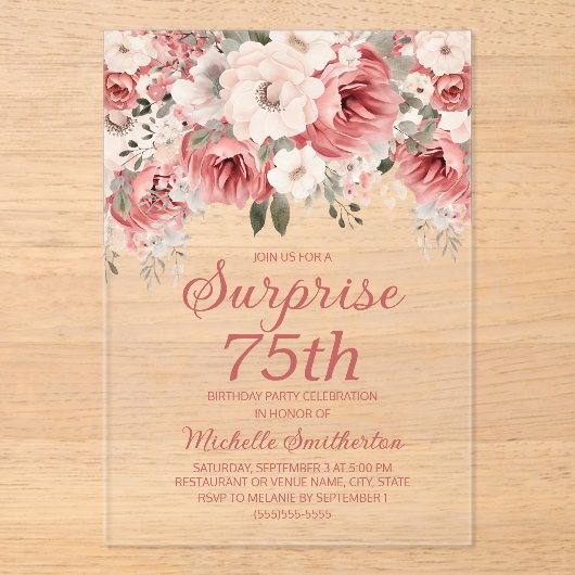 Stoffig Roos Red Cream Waterverf Floral Surprise 7 Acryl Uitnodigingen (Voorkant)