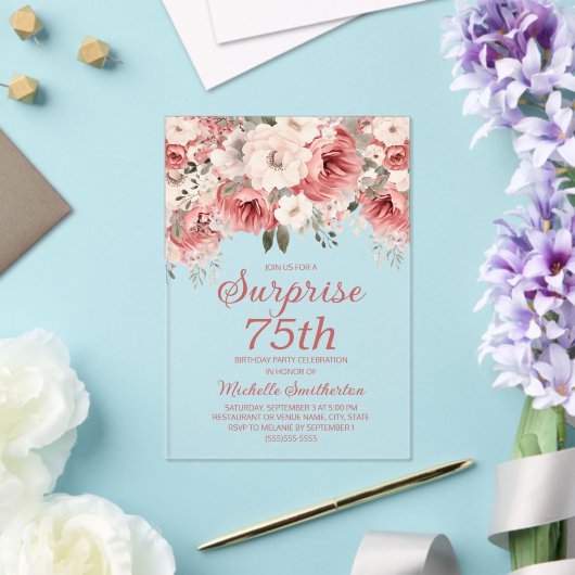 Stoffig Roos Red Cream Waterverf Floral Surprise 7 Acryl Uitnodigingen (Insitu (Huwelijk))