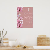 Stoffig Roos Roze Bloemen Doop Welkom Teken Poster (Keuken)