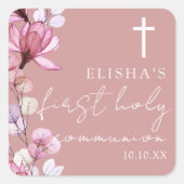 Stoffig Roos Roze Bloemen Eerste Heilige Communie Vierkante Sticker (Voorkant)