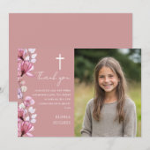 Stoffig Roos Roze Bloemen Foto Eerste Heilige Comm Bedankkaart (Voorkant / Achterkant)