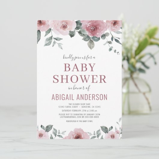 Stoffig Roos Roze Bloemen Waterverf Baby shower Kaart (Staand voorkant)