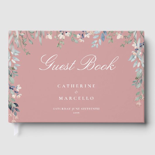 Stoffig Roos Roze Bloemen Wildflowers Cascade Wedd Gastenboek (Voorkant)